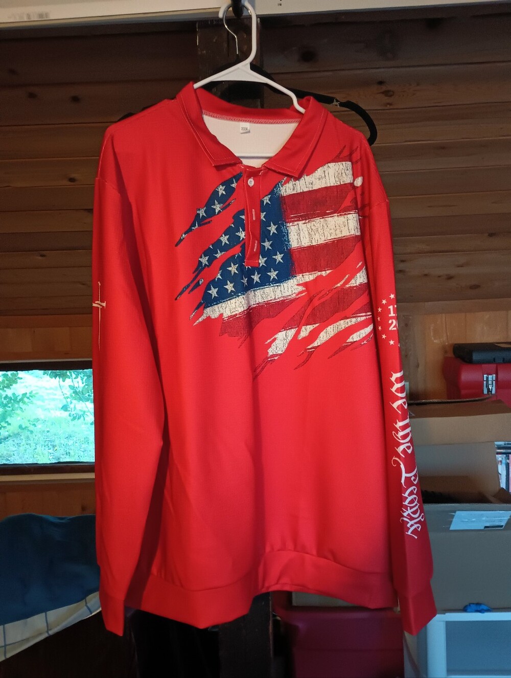 Patriotic Red Long-Sleeve Polo Tee with Distressed Flag Graphic